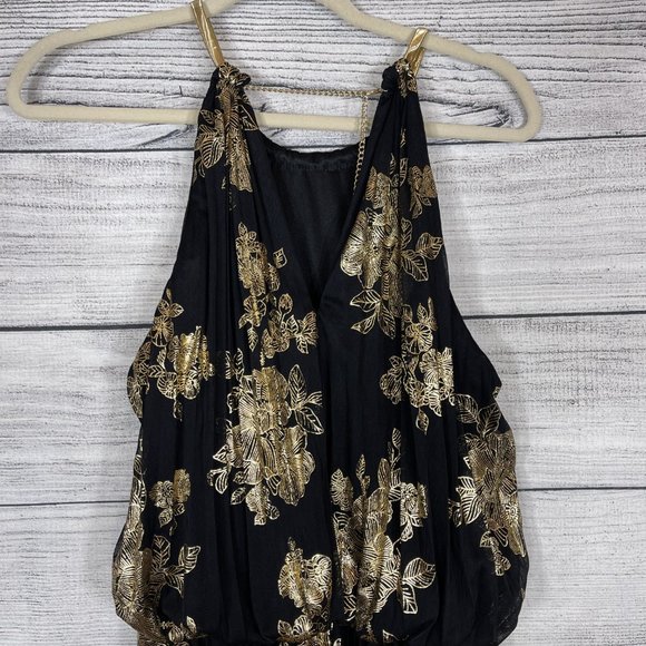 NWT MSK Metallic Print Pleated Blouson Gown Black Gold Sz 8 - Picture 7 of 15